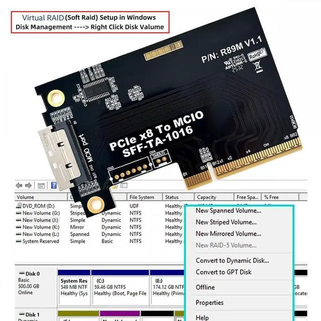Alt view image 3 of 7 - CY External MCIO 8i Mini Cool Edge IO SFF-TA-1016 to PCIE5.0 PCI-Express 8x VROC Adapter for Mainboard SSD Graphics Card