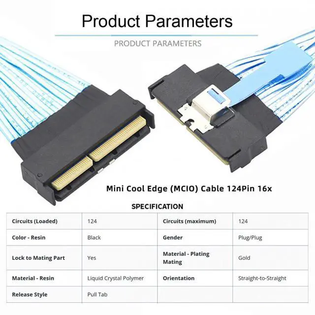 Alt view image 6 of 7 - Xiwai PCI-E 5.0 Mini Cool Edge IO MCIO STR PCI-E 16x 124Pin Male to MCIO 124Pin Male Extender Cable 50cm with Pull Tab