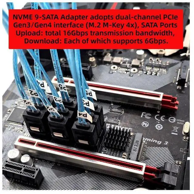 Alt view image 4 of 7 - Chenyang NGFF NVME M-Key PCI Express M.2 to 9 Ports SATA 3.0 6Gbps Adapter Converter Hard Drive Extension Card 2280 for NAS Computer