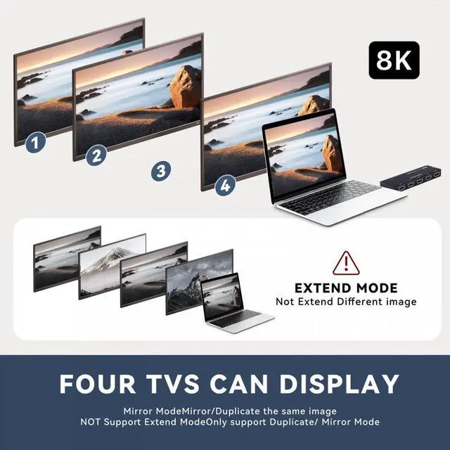 Alt view image 4 of 7 - Xiwai HDMI Splitter 8K 60hz Ultra-HD Converter Compatible 2.1 Switch 1-IN-4-OUT 48Gbps UHD Hub Support HDCP SST Extended 4K@120hz 3.5mm Audio