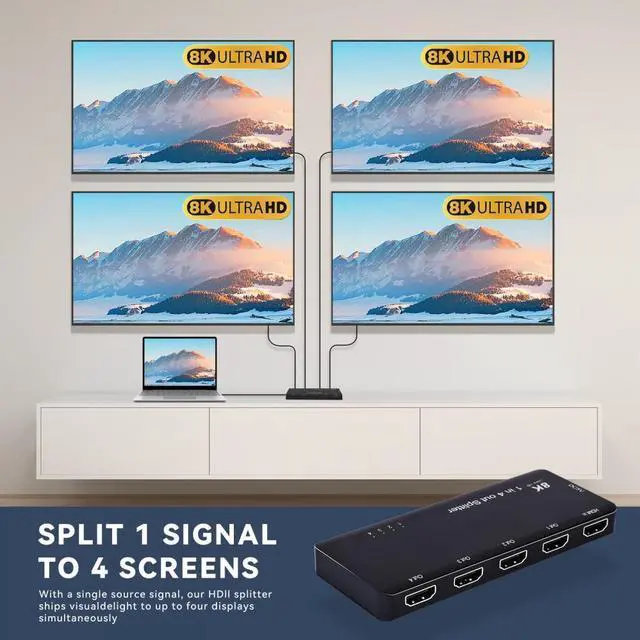 Alt view image 5 of 7 - Xiwai HDMI Splitter 8K 60hz Ultra-HD Converter Compatible 2.1 Switch 1-IN-4-OUT 48Gbps UHD Hub Support HDCP SST Extended 4K@120hz 3.5mm Audio