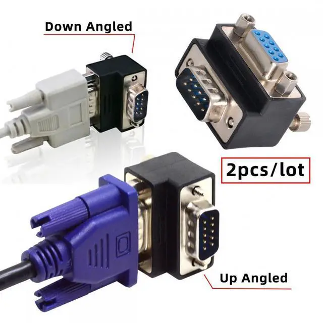 Alt view image 7 of 7 - Cablecc 2pcs/lot Up & Down Angled 90 Degree RS232 D-Sub 9Pin Screw Type Male to Female Nut Type Extension Adapter
