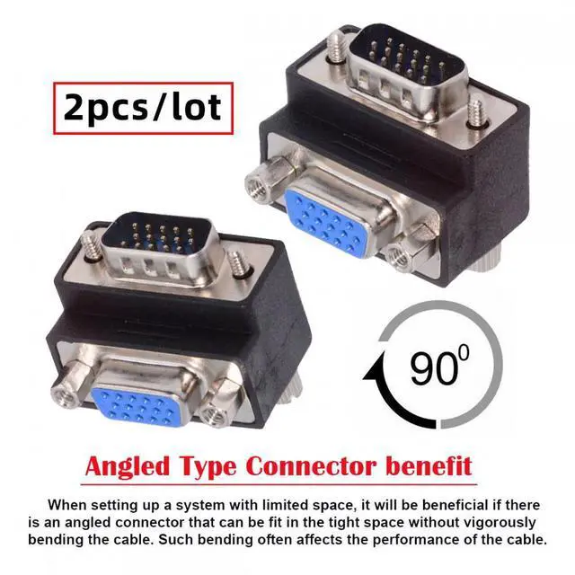 Alt view image 4 of 7 - Jimier 2pcs/lot Up & Down Angled 90 Degree VGA RGB HDB15Pin Screw Type Male to Female Nut Type Extension Adapter for Monitor Displays