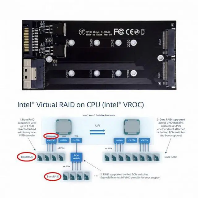 Alt view image 5 of 7 - CY Dual 2X NVME M.2 AHCI to PCIE Express 3.0 4.0 Slimline SFF-8654 8X Raid Card VROC Raid0 Hyper Adapter