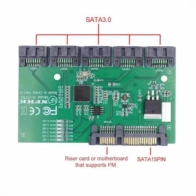 Alt view image 5 of 7 - CY SATA 3.0 6Gbps 1 to 5 Splitter Ports HUB Adapter Converter PM Multiplier Port Selector JMB575