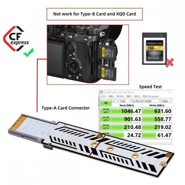 Alt view image 3 of 7 - CY CFexpress Type-A to NVME 2230 2240 2260 2280 Memory Card Kit Case CFE CFA NGFF M-key Adapter for Camera 8K RAW PCIe Expansion
