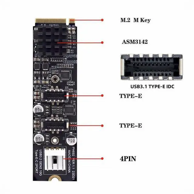 Alt view image 2 of 7 - CY 10Gbps Dual Type-E USB 3.1 Front Panel Socket to NVME NGFF M-Key Express Card Adapter ASM3142 for Motherboard