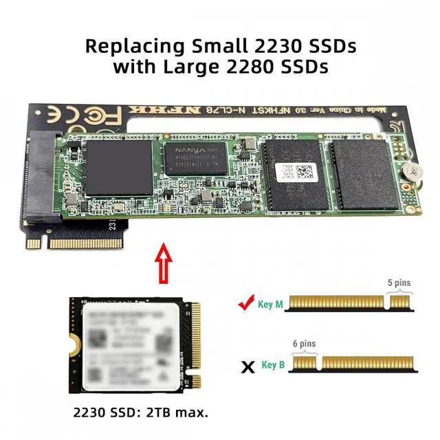 Alt view image 5 of 7 - CY 2230 NVME M-Key 22x30mm to 22x80mm Angled Extension 2280 SSD Upgrade Adapter Compatible with CLAW8 AI+ CLAW7 Gaming Computer