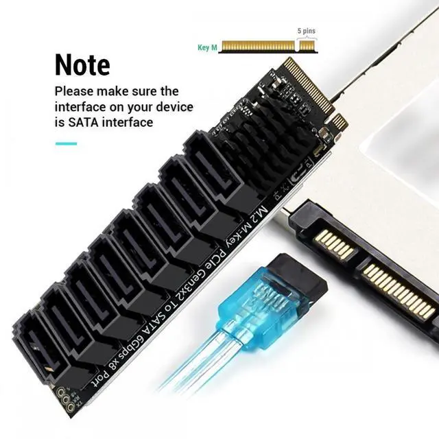Alt view image 4 of 7 - CY NGFF NVME M-Key PCI Express to SATA 3.0 6Gbps 8 Ports Adapter Converter Hard Drive Extension Card 2280