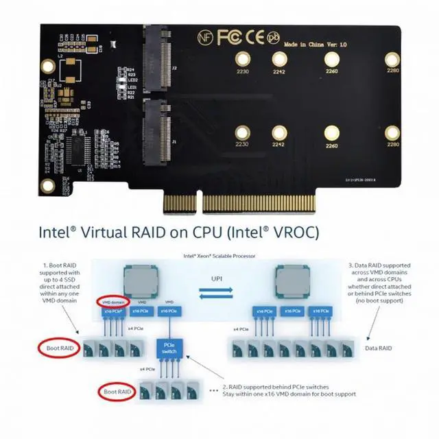 Alt view image 5 of 7 - CY Dual 2X NVME M.2 AHCI to PCIE Express 3.0 Gen3 X8 X16 Raid Card VROC Raid0 Hyper Adapter