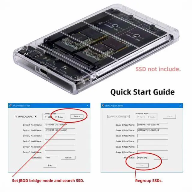 Alt view image 5 of 7 - CY Dual NGFF B+M-Key M.2 SSD Card JBOD Raid0 Span Bridge to USB3.0 Type-C USB-C 2.5inch SATA Combo Enclosure