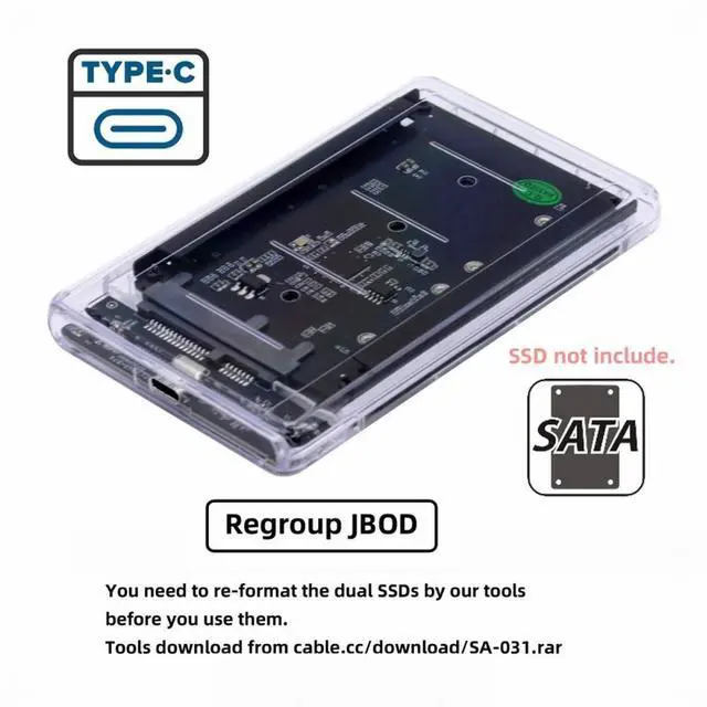Alt view image 6 of 7 - CY Dual NGFF B+M-Key M.2 SSD Card JBOD Raid0 Span Bridge to USB3.0 Type-C USB-C 2.5inch SATA Combo Enclosure