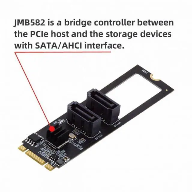 Alt view image 7 of 7 - CY NGFF Key B+M PCI Express to SATA 3.0 6Gbps Dual Ports Vertical Adapter Converter Hard Drive Extension Card JMB582 2280