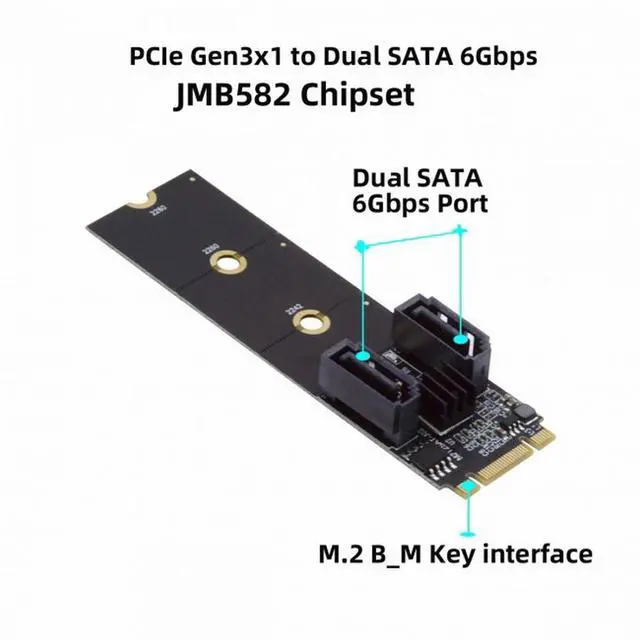 Alt view image 6 of 7 - CY NGFF Key B+M PCI Express to SATA 3.0 6Gbps Dual Ports Vertical Adapter Converter Hard Drive Extension Card JMB582 2230 2242 2260 2280