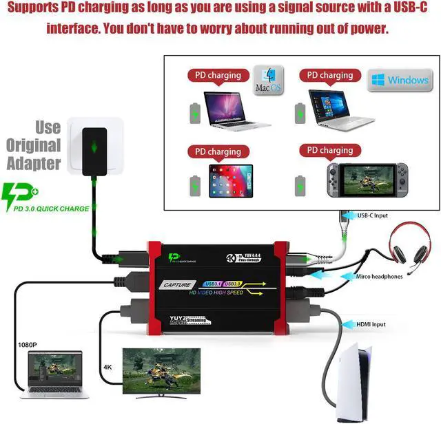 Alt view image 7 of 7 - Mirabox 4K Game Capture Card, HSV3219 HDMI/Type-C  to USB3.0 Video Capture with 4K Loopout, Support PD3.0 Charge,Compatible with HDR10