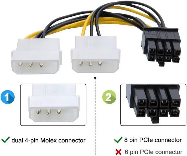 Alt view image 2 of 5 - Molex to PCIe Power Cable,CableCreation 2-Pack Dual 4 Pin Molex to 8-Pin PCIe Power Cable for ASUS, NVIDIA, AMD, EVGA GeForce,Gigabyte, Sapphire Video Graphics Card,4 inch