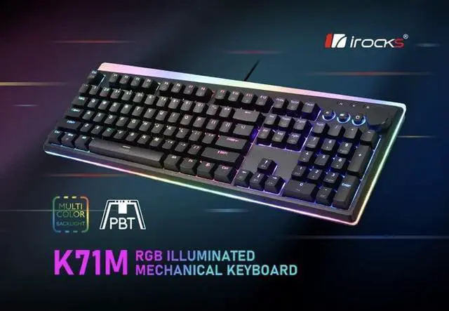 Alt view image 2 of 7 - i-rocks K71M RGB Mechanical Gaming Keyboard with Media Control Knob, Gateron Switches (Brown), 104 Keys w/Full NKRO, PBT Keycaps, Multimedia Hotkeys, Detachable USB-C Cable and Onboard Storage, Black
