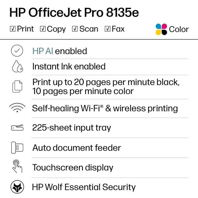 Alt view image 2 of 7 - OfficeJet Pro 8135e Wireless All-in-One Color Inkjet Printer, Print, scan, Copy, fax, ADF, Duplex Printing Best-for-Home Office, 3 Month Instant Ink Trial Included, AI-Enabled (40Q35A)