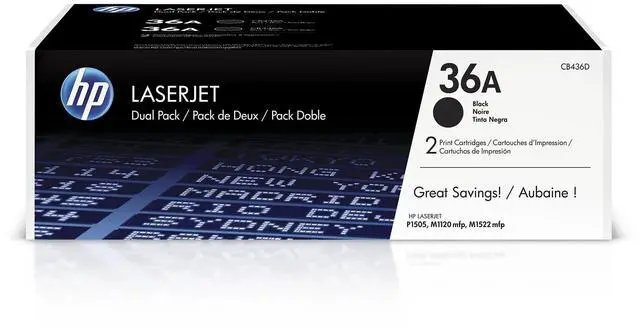 Main image of Original 36A Black Toner Cartridges (2-Pack) | Works LaserJet M1120 MFP Series, LaserJet M1522 MFP Series, LaserJet P1505 Series | CB436D