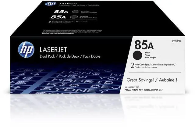 Main image of 85A Black Toner Cartridges (2-Pack) | Works LaserJet Pro P1102, P1109 Series, LaserJet Pro MFP M1212, M1217 Series | CE285D