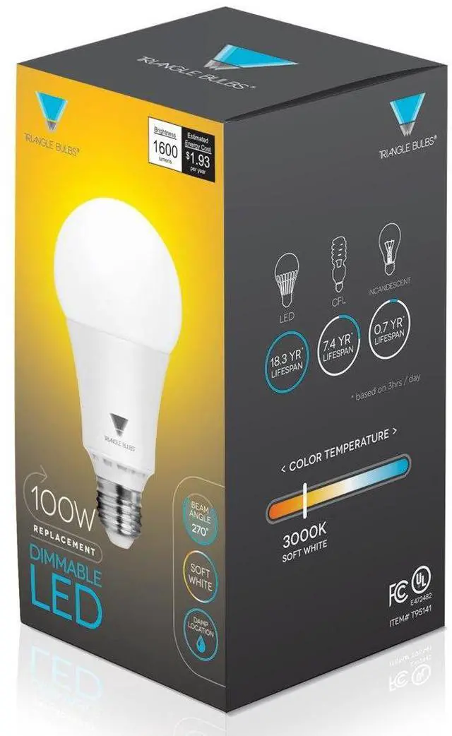 Alt view image 2 of 5 - Triangle Bulbs T95143, LED Dimmable 100 Watt Equivalent 5000K Daylight Light Bulbs, 4-Pack