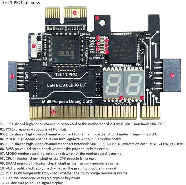 Alt view image 2 of 6 - Multifunction Diagnostic Card TL611 PRO PCI-E LPC Motherboard Diagnostic Test for Laptop Computer Mobile Phone - OEM