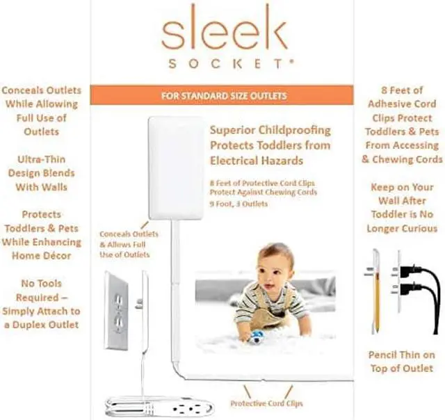 Alt view image 6 of 6 - Sleek Socket 9-C-STD-W Ultra-Thin Child Proofing Electrical Outlet Cover Wall Plate with 3 Outlet Power Strip and Cord Cover Kit, 9-Foot