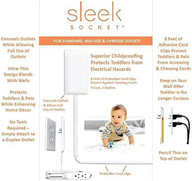 Alt view image 6 of 7 - Sleek Socket 9-C-OVSZ-W Ultra-Thin Child Proofing Electrical Outlet Cover Wall Plate with 3 Outlet Power Strip and Cord Cover Kit, 9-Foot