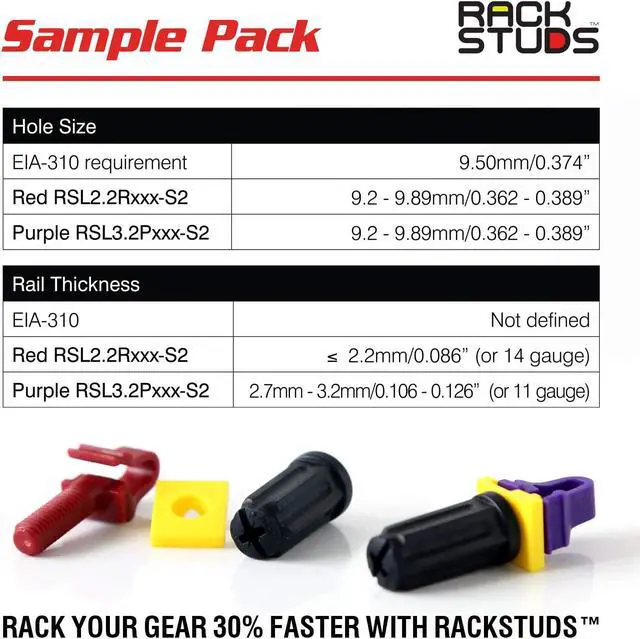Alt view image 3 of 6 - Rackstuds 4C Rack Mount Solution Series II – No More Cage Nuts! The Easiest and Safest Server Rack Solution in 19" Racks with Square Punched Vertical Rails. Sample Pack Contains 4 of Each Size/Color