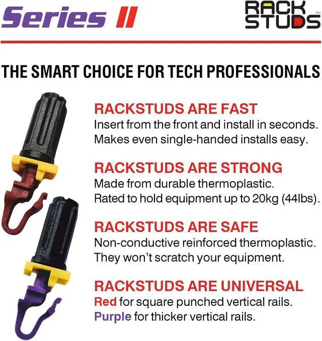 Alt view image 4 of 6 - Rackstuds 4C Rack Mount Solution Series II – No More Cage Nuts! The Easiest and Safest Server Rack Solution in 19" Racks with Square Punched Vertical Rails. Sample Pack Contains 4 of Each Size/Color