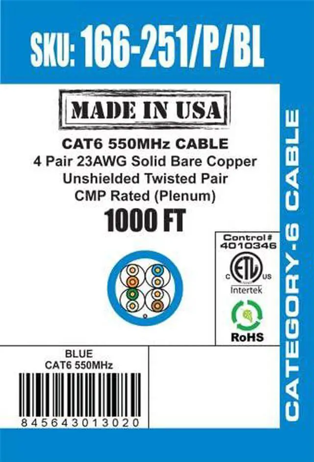 Alt view image 5 of 5 - USA 1000ft,  23AWG, Vertical Cable CAT6, 550 MHz, UTP, 8C Solid Bare Copper, Plenum,  Bulk Ethernet Cable - Made in USA, Blue