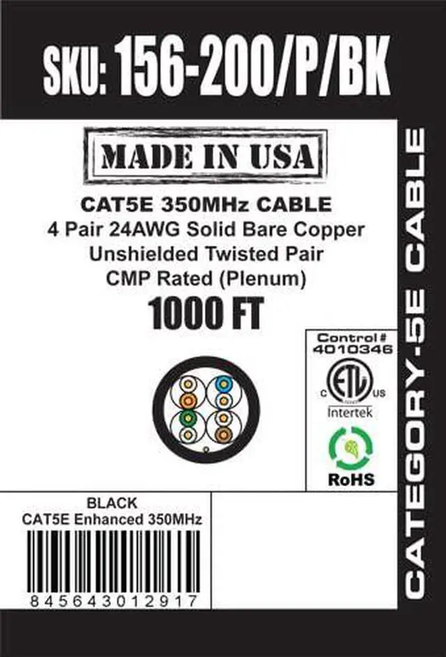 Alt view image 4 of 4 - USA 1000ft. 24AWG, Vertical Cable CAT5E, 350 MHz, UTP, 8C Solid Bare Copper, Plenum, Bulk Ethernet Cable - Made in USA, Black