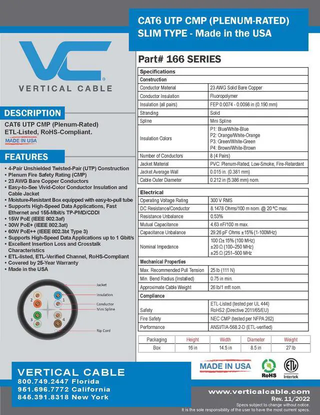 Alt view image 4 of 5 - USA 1000ft,  23AWG, Vertical Cable CAT6, 550 MHz, UTP, 8C Solid Bare Copper, Plenum,  Bulk Ethernet Cable - Made in USA, Blue