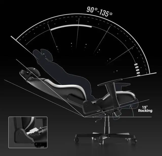 Alt view image 6 of 7 - DXRacer Drifting Gaming Chair - Reclining Ergonomic Computer Office Chair with Lumbar Support & Head Pillow Leatherette, Regular L, Black White