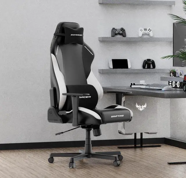 Alt view image 2 of 7 - DXRacer Drifting Gaming Chair - Reclining Ergonomic Computer Office Chair with Lumbar Support & Head Pillow Leatherette, Regular L, Black White