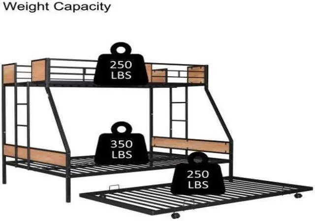 Alt view image 4 of 7 - Metal Twin over Full Bunk Bed with Trundle/ Heavy-duty Sturdy Metal/ Noise Reduced/ Safety Guardrail/ Wooden Decoration/ Convenient Trundle / Bunk Bed for Three/ CPC Certified/ No Box Spring Needed