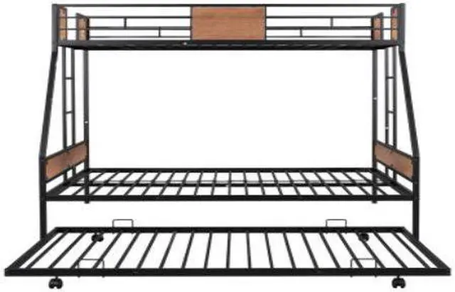 Alt view image 3 of 7 - Metal Twin over Full Bunk Bed with Trundle/ Heavy-duty Sturdy Metal/ Noise Reduced/ Safety Guardrail/ Wooden Decoration/ Convenient Trundle / Bunk Bed for Three/ CPC Certified/ No Box Spring Needed