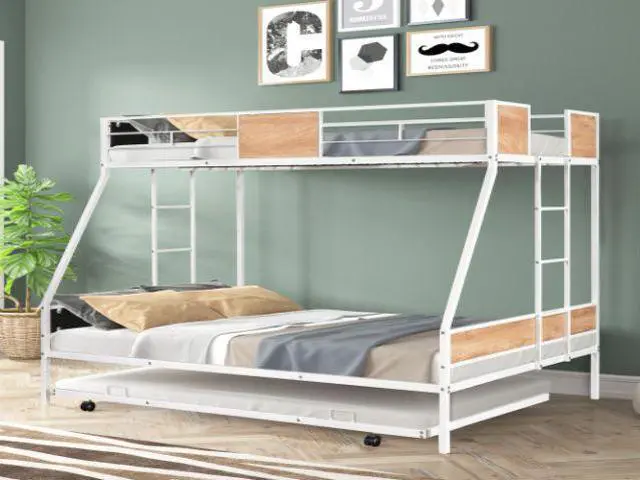 Alt view image 2 of 7 - Bunk Bed for Three, Wooden Decoration, Metal Twin over Full Bunk Bed with Trundle, Heavy-duty Sturdy Metal, Noise Reduced, Safety Guardrail,White