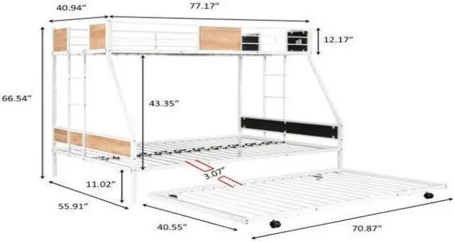 Alt view image 7 of 7 - Bunk Bed for Three, Wooden Decoration, Metal Twin over Full Bunk Bed with Trundle, Heavy-duty Sturdy Metal, Noise Reduced, Safety Guardrail,White