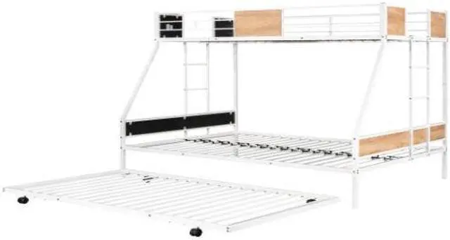Alt view image 5 of 7 - Bunk Bed for Three, Wooden Decoration, Metal Twin over Full Bunk Bed with Trundle, Heavy-duty Sturdy Metal, Noise Reduced, Safety Guardrail,White