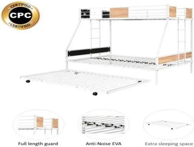 Alt view image 6 of 7 - Bunk Bed for Three, Wooden Decoration, Metal Twin over Full Bunk Bed with Trundle, Heavy-duty Sturdy Metal, Noise Reduced, Safety Guardrail,White
