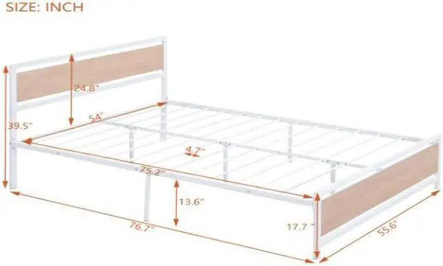 Alt view image 3 of 7 - Full Size Platform Bed, Metal and Wood Bed Frame with Headboard and Footboard , White