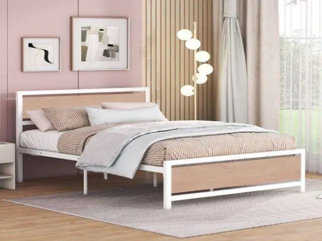 Main image of Full Size Platform Bed, Metal and Wood Bed Frame with Headboard and Footboard , White
