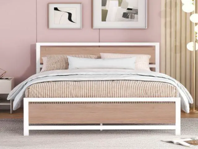 Alt view image 2 of 7 - Full Size Platform Bed, Metal and Wood Bed Frame with Headboard and Footboard , White