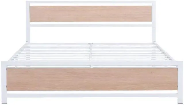 Alt view image 6 of 7 - Full Size Platform Bed, Metal and Wood Bed Frame with Headboard and Footboard , White
