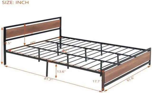 Alt view image 3 of 7 - (Mattress not included.) Queen Size Platform Bed, Metal and Wood Bed Frame with Headboard and Footboard ,Black