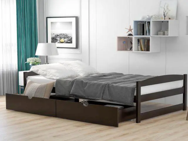 Alt view image 2 of 7 - Twin size platform bed with two drawers espresso Pine 40.7''x 77.1''