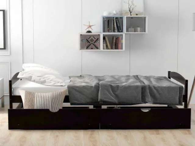 Alt view image 3 of 7 - Twin size platform bed with two drawers espresso Pine 40.7''x 77.1''