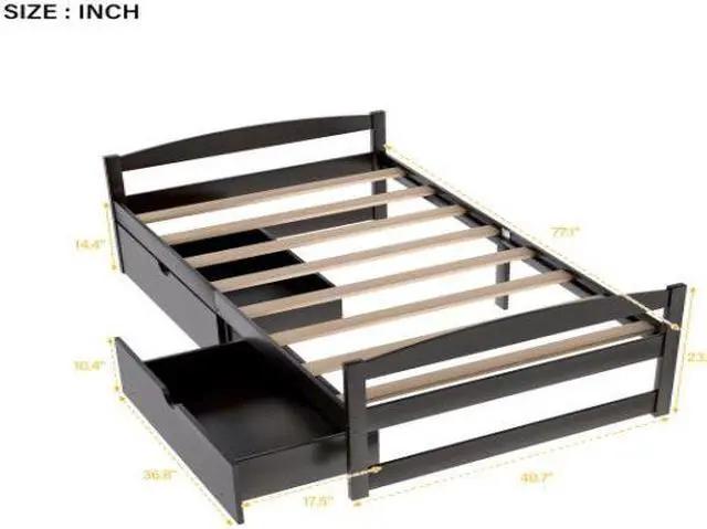 Alt view image 7 of 7 - Twin size platform bed with two drawers espresso Pine 40.7''x 77.1''