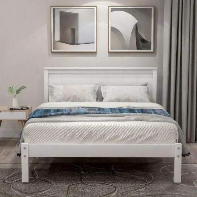 Main image of Platform Bed Frame with Headboard Wood Slat Support No Box Spring Needed Twin White